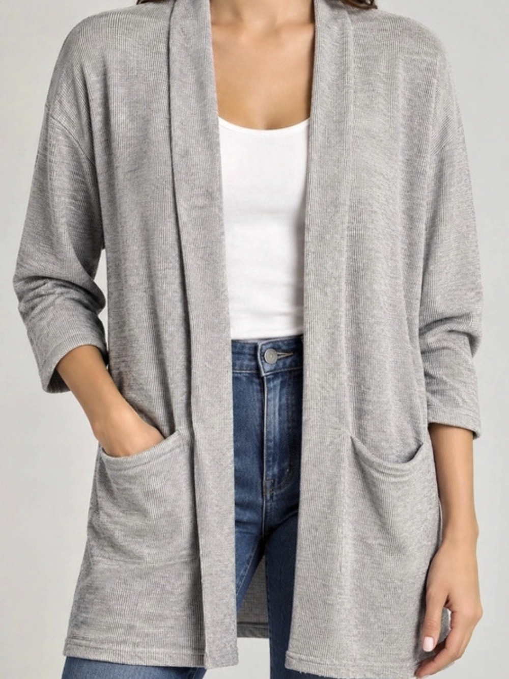 Donni Women's One Size Ribbed Open Front Cardigan in Gray